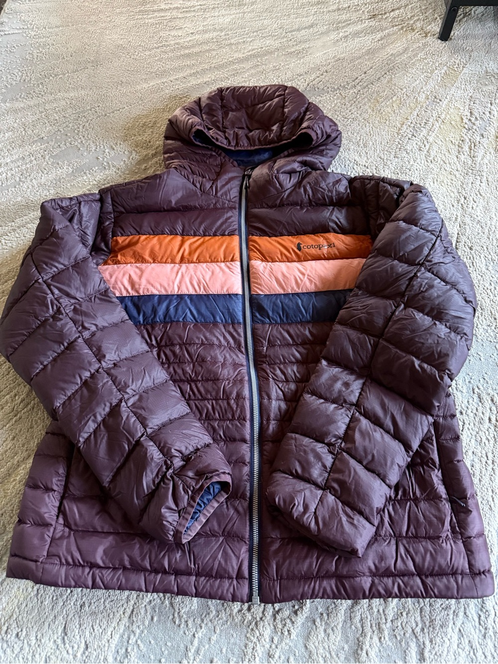 Cotopaxi Fuego Down Hooded Jacket purple puffer packable stripes XL